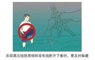 發(fā)現(xiàn)高壓線鐵塔傾斜或電線斷開下垂時，要及時躲避